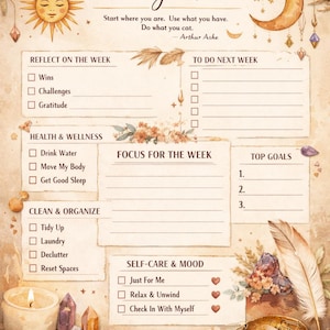May include: Watercolor-style weekly planner with the text "Weekly Reset." The design includes a sun, moon, and botanical elements. Sections include "Reflect on the Week," "To Do Next Week," and "Self-Care & Mood."