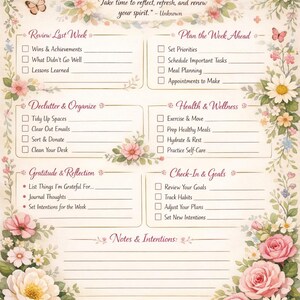 May include: A floral-themed weekly planner with the words "Weekly Reset" at the top. The planner includes sections for reviewing the past week, planning the week ahead, decluttering, health, and setting goals. The design features pink roses and butterflies.