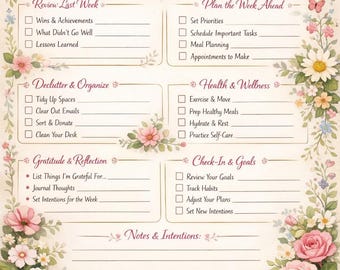 May include: A floral-themed weekly planner with the words "Weekly Reset" at the top. The planner includes sections for reviewing the past week, planning the week ahead, decluttering, health, and setting goals. The design features pink roses and butterflies.