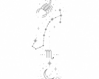 Skorpion-Sternbild-Tattoo | Feine Linienführung | Minimalistisches Astrologie-Tattoo | Tattoo-Vorlage zum Ausdrucken (PDF & PNG)