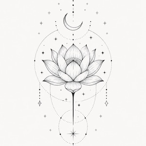 Peut inclure: Une illustration en noir et blanc au trait représentant une fleur de lotus centrée dans un agencement géométrique de cercles pointillés fins, d'un croissant de lune et de diverses formes d'étoiles, formant une composition verticale symétrique.