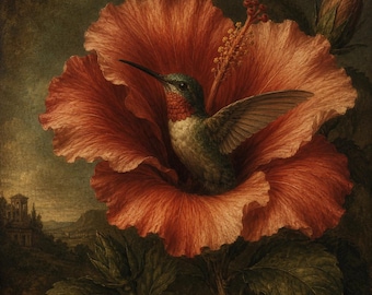 Renaissance Hummingbird Hibiscus Tattoo Design Printable | Vintage Botanical Bird Tattoo Art | Inner Wrist Fine Line PDF PNG