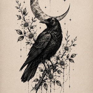 Può includere: Illustrazione in bianco e nero di un corvo appollaiato su un ramo fiorito, sullo sfondo di una luna crescente e stelle. L'opera presenta dettagli intricati, con delicati elementi floreali e un tema celeste.