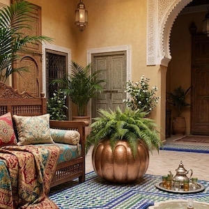 May include: An interior courtyard with a copper planter filled with ferns, a carved wooden bench with patterned cushions and a colorful throw. The floor is tiled with blue, green, and white geometric patterns. A fountain and tea set are also visible.