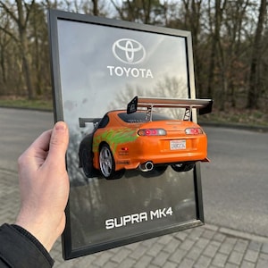 Toyota Supra MK4 3D-väggram med LED-strålkastare – Metall JDM-display A4
