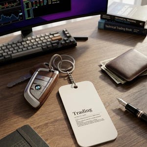May include: A wooden desk with a computer monitor, keyboard, and a keychain with a BMW key fob. A white rectangular tag with the word "Trading" is attached to the keychain. A brown leather wallet and books are also on the desk.