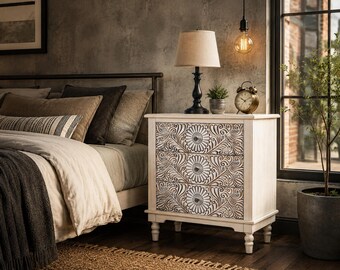 Distressed White Farmhouse Nightstand, 3 Drawer Floral Carved Wood Accent Table Fully Assembled