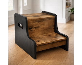 Step Stool for Kids | Two Step Toddler Stool with Handles | Non-Slip Potty Training Stool | Rustic Brown