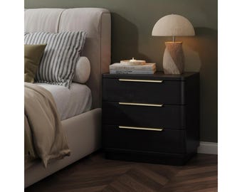 3 Drawer Nightstand, Modern Black Wood Bedside Table with Charging Station