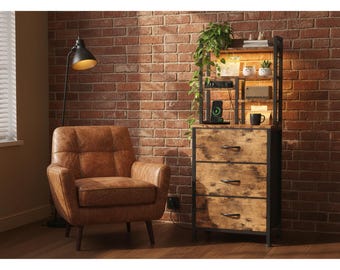 Tall Nightstand with Charging Station, LED Bedside Table with Drawers, Narrow Side Table with Shelves, Small Space Bedroom Furniture,