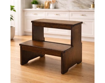 Bamboo Two Step Stool for Adults & Kids, Heavy Duty Wooden Step Stool 350 lb, Non Slip Bed Step Stool for Bathroom Kitchen