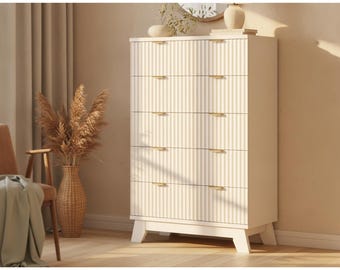 Modern Fluted 6-Drawer Dresser, White Wood Storage Cabinet, Tall Chest Drawers