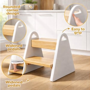 May include: A two-step wooden and white step stool with a handle. The step stool has a rounded corner design and widened pedals. The handle is easy to grip. The step stool is designed for children.