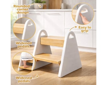 Toddler Wooden Step Stool with Handles, Kids Potty Training Stool, Non Slip Child Step Stool for Bathroom Sink Kitchen, White