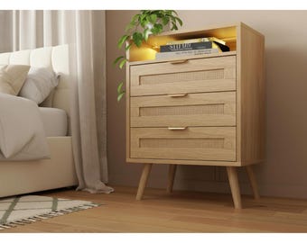 Boho Rattan Nightstand with Charging Station, LED Lights, 3 Drawers