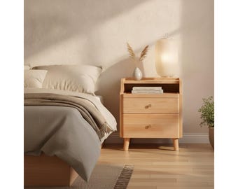 Solid Wood Nightstands, Mid Century Modern Bedside Tables, 2 Drawers, Narrow Storage Cabinet