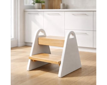 Toddler Wooden Step Stool with Handles, Kids Potty Training Stool, Non Slip Child Step Stool for Bathroom Sink Kitchen, White