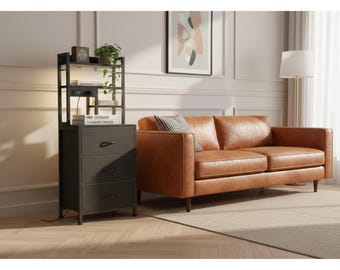 Tall Nightstand with Charging Station, LED Bedside Table with Drawers, Narrow Side Table with Shelves, Small Space Bedroom Furniture,