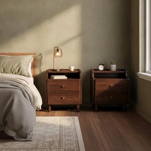 May include: Two dark brown wooden nightstands, each featuring an open top shelf and two drawers with small round knobs. The nightstands are supported by four tapered legs and are positioned on either side of a bed in a bedroom setting.