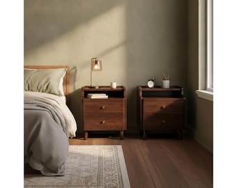 Solid Wood Nightstands, Mid Century Modern Bedside Tables, 2 Drawers, Narrow Storage Cabinet