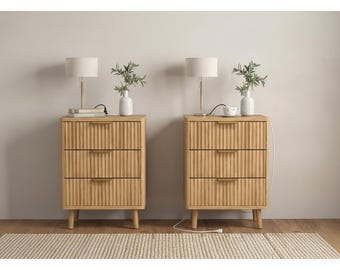 Fluted Oak Nightstand with Charging Station, Modern 3-Drawer Bedside Table
