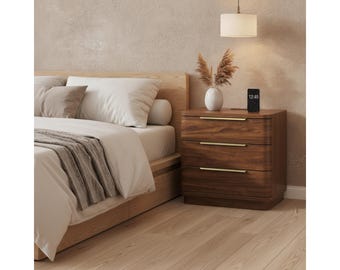 3 Drawer Nightstand, Modern Black Wood Bedside Table with Charging Station