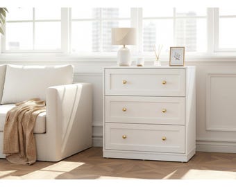 Modern 3-Drawer Wood Dresser, Gold Handle Storage Cabinet, White Nightstand