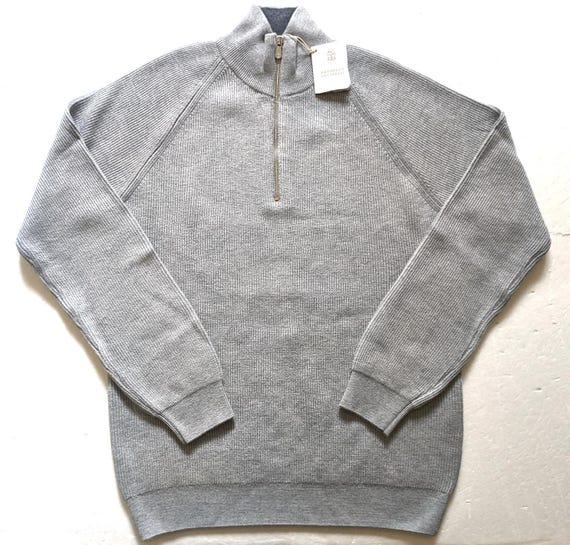 Brunello Cucinelli, Vintage BRUNELLO CUCINELLI Mens Light Gray 1/4 Zip Knit Wool Sweater size M,3XL