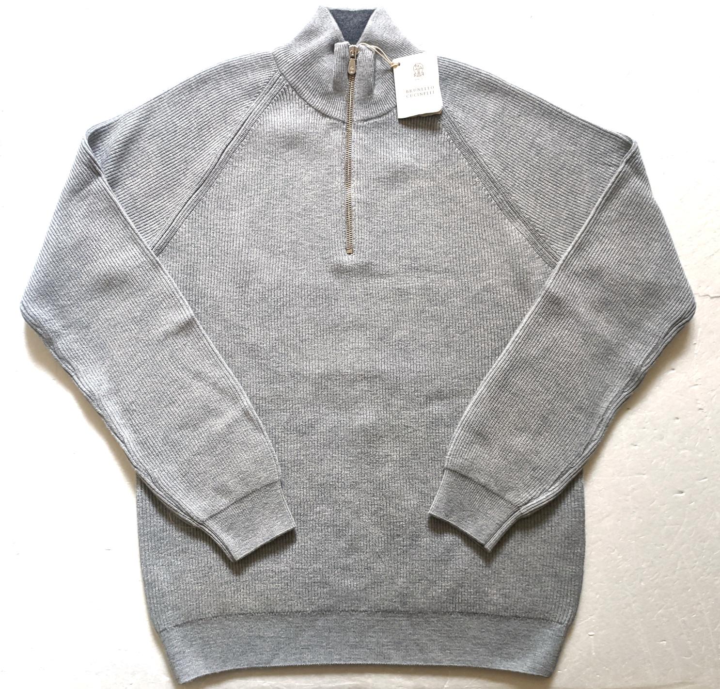 Brunello Cucinelli, Vintage BRUNELLO CUCINELLI Mens Light Gray 1/4 Zip Knit Wool Sweater size M,3XL