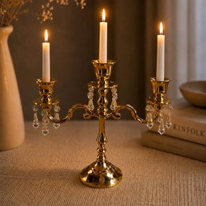 Luxury Gold Tone Candle Stand | Three Arm Candelabra | Premium Cast Aluminum Metal | Classic Home Centerpiece