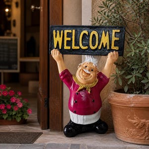 Könnte beinhalten: Eine fröhliche Kochfigur in burgunderfarbener Uniform hält ein schwarzes Schild mit dem gelben Wort "WELCOME". Die Figur hat eine weiße Kochmütze und ein lächelndes Gesicht. Rechts ist eine Topfpflanze.
