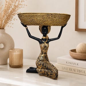 African Lady Bowl Statue | Black Gold Decorative Tray Figurine | Modern Home Decor Sculpture | Entryway Key Holder
