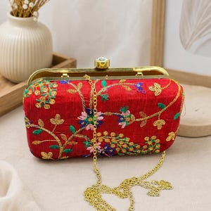 Handmade Embroidered Red Clutch Purse, Floral Evening Bag, Indian Wedding Potli Style Handbag, Bridal Clutch, Silk Party