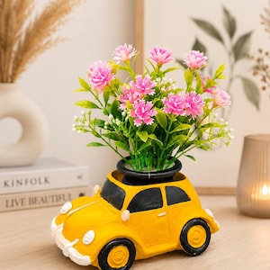 Mini Yellow Car Planter with Pink Flowers, Mini Car Succulent Planter, Cute Resin Flower Pot, Desk Decor Gift