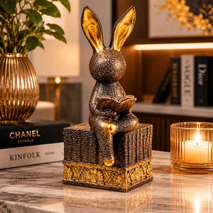 Könnte beinhalten: Dekorative Hasenfigur in Bronzeoptik, die ein Buch liest, mit goldenen Akzenten an Ohren und Sockel. Der Hase sitzt auf einem strukturierten Block mit goldenem Rand. Eine Kerze im Glas und eine goldene Vase sind ebenfalls zu sehen.
