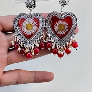 Real Flower Resin Earrings | Romantic Heart Shape | Bohemian Floral Handmade Statement Jewelry