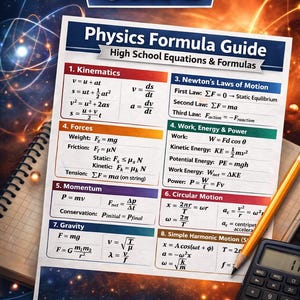 Könnte beinhalten: Ein Physik-Formel-Leitfaden mit Gleichungen und Formeln für die High School. Der Leitfaden enthält Abschnitte zu Kinematik, Kräften, Newtons Gesetzen, Arbeit, Energie, Leistung, Kreisbewegung, Schwerkraft und einfacher harmonischer Bewegung.