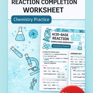 Puede incluir: Una hoja de trabajo titulada "ACID-BASE REACTION COMPLETION WORKSHEET" con el texto "Chemistry Practice". La imagen incluye diagramas de equipos de laboratorio, ecuaciones y una clave de respuestas. Un botón rojo dice "DOWNLOAD & PRINT".