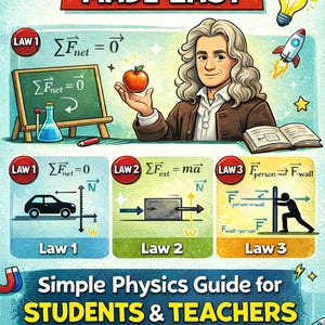 Könnte beinhalten: Ein farbenfrohes Lehrplakat mit dem Titel "Newtons Gesetze leicht gemacht". Es zeigt Illustrationen von Newton, einem Apfel und Diagrammen, die die Bewegungsgesetze erklären. Das Plakat ist als einfacher Physikführer für Schüler und Lehrer konzipiert.