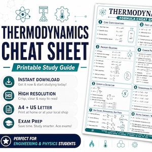 Może przedstawiać: Biały arkusz kalkulacyjny z termodynamiki z formułami i diagramami. Tekst zawiera "Drukowany przewodnik po nauce", "Natychmiastowe pobieranie", "Wysoka rozdzielczość", "A4 + US LETTER" i "Przygotowanie do egzaminu".