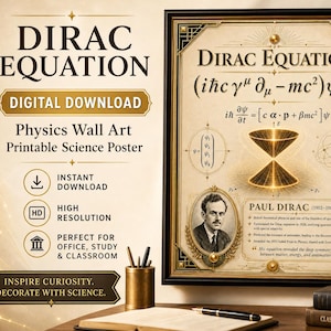 Op de afbeelding: Een ingelijste natuurkundige wandkunstprint met de Dirac-vergelijking. De poster bevat wiskundige formules, een portret van Paul Dirac en de tekst "Inspire Curiosity. Decorate with Science."