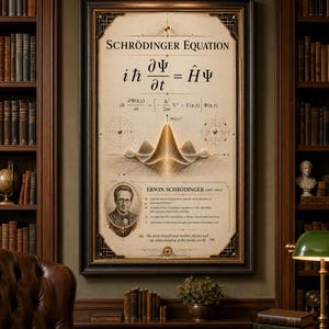 Peut inclure: Une affiche encadrée de l'équation de Schrödinger, avec des formules mathématiques et un portrait d'Erwin Schrödinger. L'affiche a une esthétique vintage avec un cadre en bois foncé, exposée dans une bibliothèque.