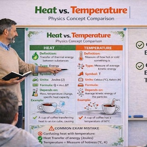 May include: A classroom scene with a teacher pointing at a poster comparing heat and temperature. The poster includes definitions, symbols, units, and examples, with the text "Heat vs. Temperature" at the top. The poster is a great educational tool.