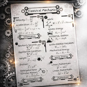 May include: A poster titled "Classical Mechanics" with formulas and diagrams. The top text reads "CLASSICAL MECHANICS" in green and orange. The bottom text reads "Fundamental Formulas" in orange. The background has gears.