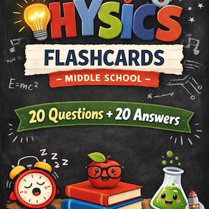 May include: A colorful educational flashcard set for middle school physics. The cover features the text "Funny PHYSICS FLASHCARDS" with illustrations of a lightbulb, apple, books, and a rocket. Flashcard size is 4 x 6 inches.