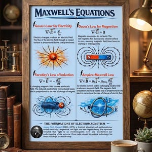 Può includere: Un poster incorniciato con il titolo "Equazioni di Maxwell", con formule e diagrammi scientifici. Il poster include testo sull'elettromagnetismo e un ritratto di James Clerk Maxwell. Una tazza di caffè e libri sono in primo piano.