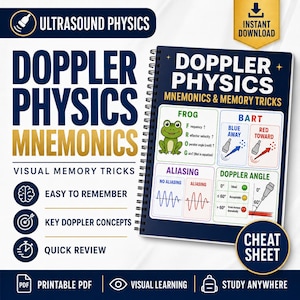 May include: A spiral-bound study guide titled Doppler Physics Mnemonics & Memory Tricks. The cover features educational diagrams including a frog, the BART acronym for color flow, aliasing wave patterns, and a Doppler angle chart for ultrasound physics.
