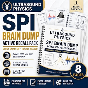 Peut inclure: Un cahier d'exercices Ultrasound Physics SPI Brain Dump Active Recall Pack avec une reliure à spirale. La couverture présente des diagrammes éducatifs, des formules et du texte incluant Ultrasound Physics, SPI Brain Dump et Active Recall Workbook.