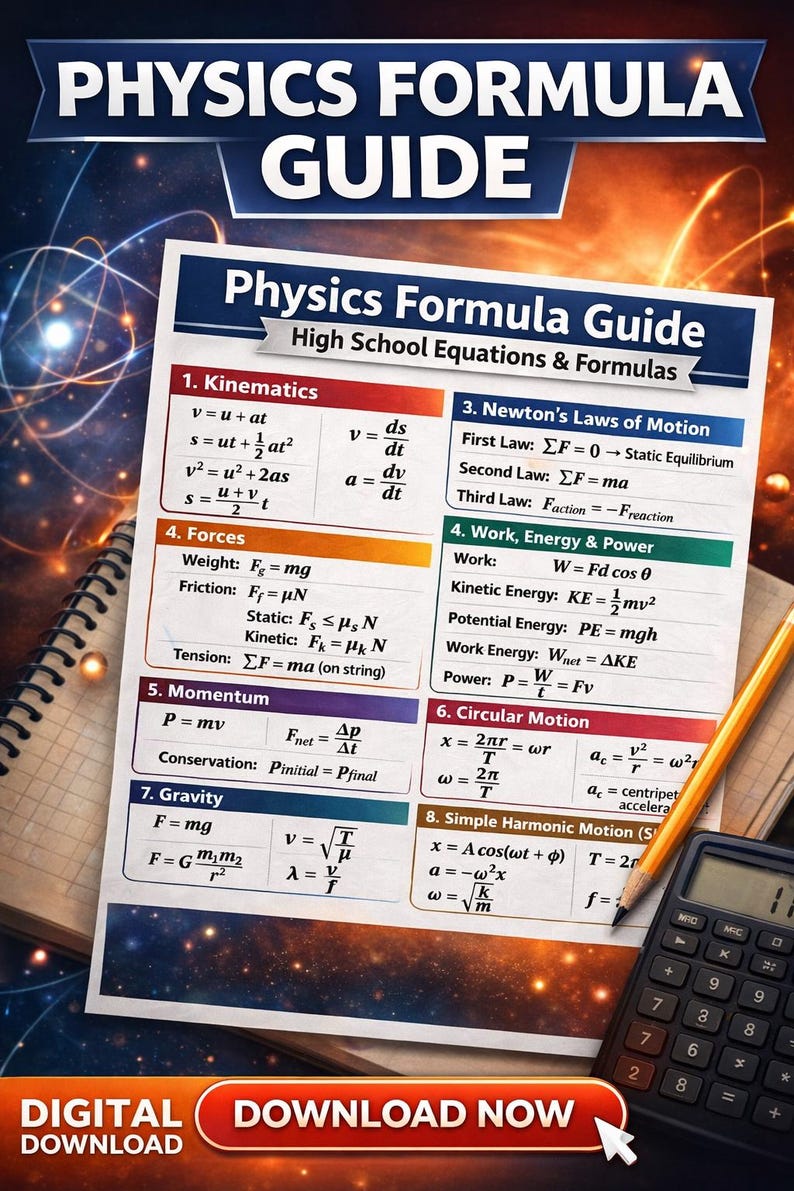 High School Physics Formula Sheet – Kinematics, Newton’s Laws, SHM ...