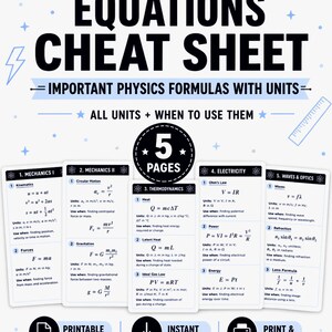Puede incluir: Una hoja de trucos de ecuaciones de física con fórmulas y unidades. El diseño en blanco y negro incluye fórmulas de mecánica, termodinámica, electricidad y ondas y óptica. Descarga PDF para revisión y preparación de exámenes.
